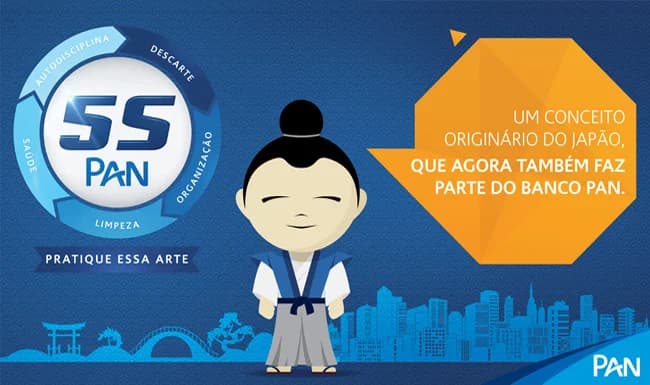 Key visual do programa 5S do Banco Pan, com mascote japonês e selo Pratique essa Arte