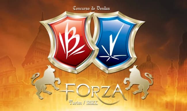 Key visual do concurso de vendas Forza da Bauducco: escudos heráldicos das equipes vermelha e azul entre touros dourados