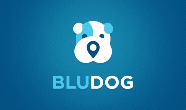 Logo da Bludog, com símbolo de cachorro e pino de localização, criado para o lançamento da startup