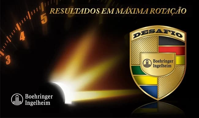 Escudo da campanha Desafio, da Boehringer, com o mote Resultados em máxima rotação