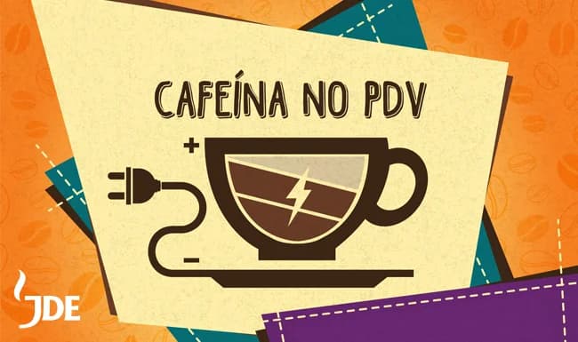 Cartaz da campanha Cafeína no PDV, da JDE, com ilustração de xícara de café conectada a uma tomada