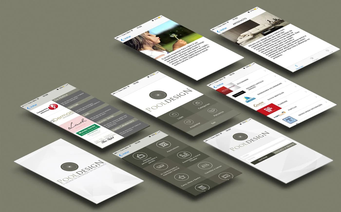 Interface do aplicativo da Pool Design