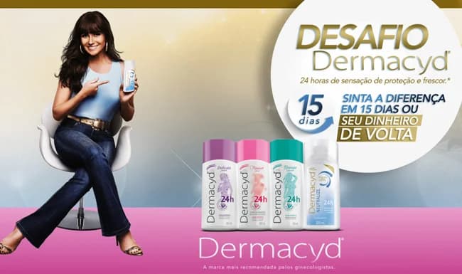Key visual do Desafio Dermacyd, com produtos da linha e chamada promocional em fundo rosa