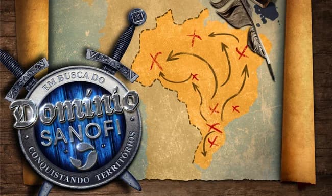 Key visual da campanha Domínio, da Sanofi: selo sobre mapa do Brasil em estilo de mapa de expedição