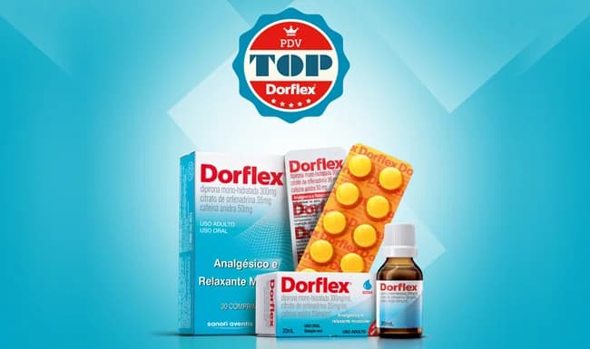 Selo PDV Top Dorflex sobre linha de produtos Dorflex em fundo azul