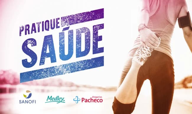 Key visual da ação Pratique Saúde, da Sanofi, com corredora em movimento e logos das marcas parceiras