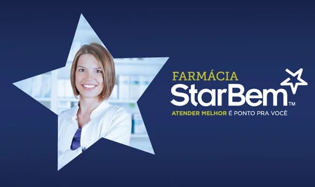 Key visual do programa Farmácia StarBem, da Sanofi, com farmacêutica em moldura de estrela